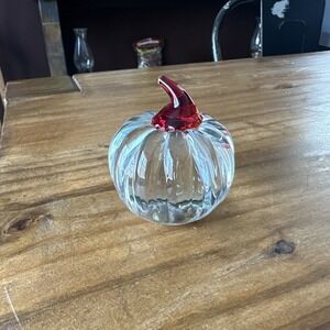 Blenko 2015 Clear Glass Pumpkin with Ruby Stem Hand Blown Glass